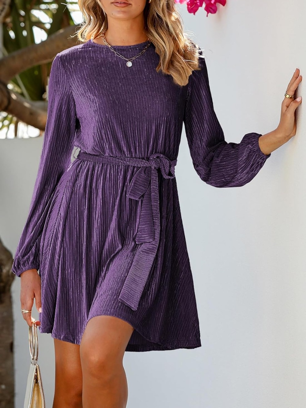 Amazon Purple Pleated Long-Sleeve Tie-Waist Dress
